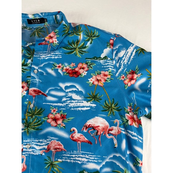 SSLR Mens 2XL Flamingo Palm Tree Floral Hawaiian Camp Shirt Resort - Picture 1 of 6